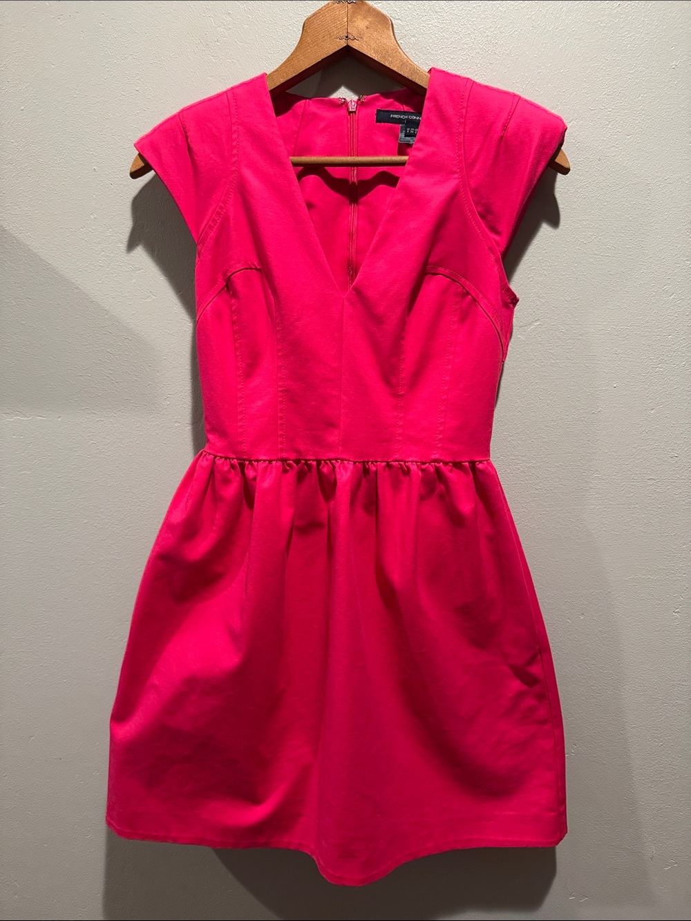 French Connection Hot Pink V-Neck Cap Sleeve Fit-and-Flare Mini Dress